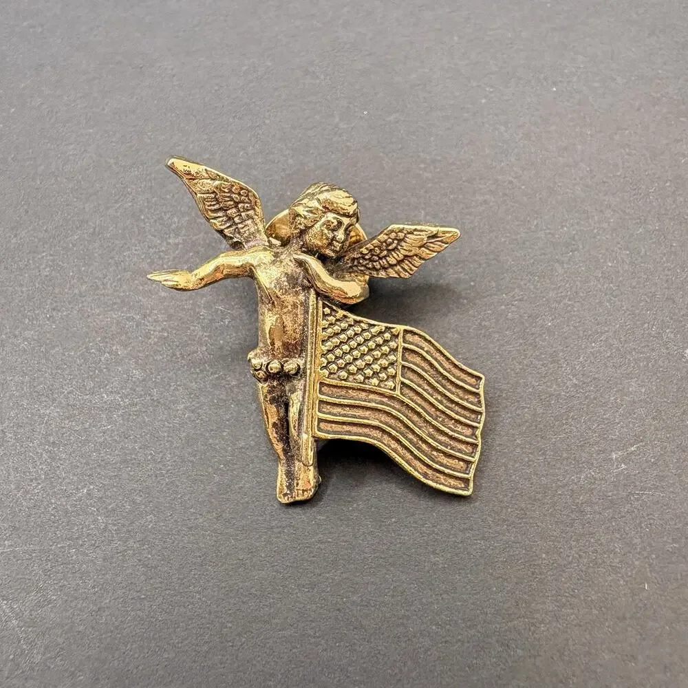 Vintage Kirks Folly American Flag USA Cherub Angel Pin Brooch Gold Tone